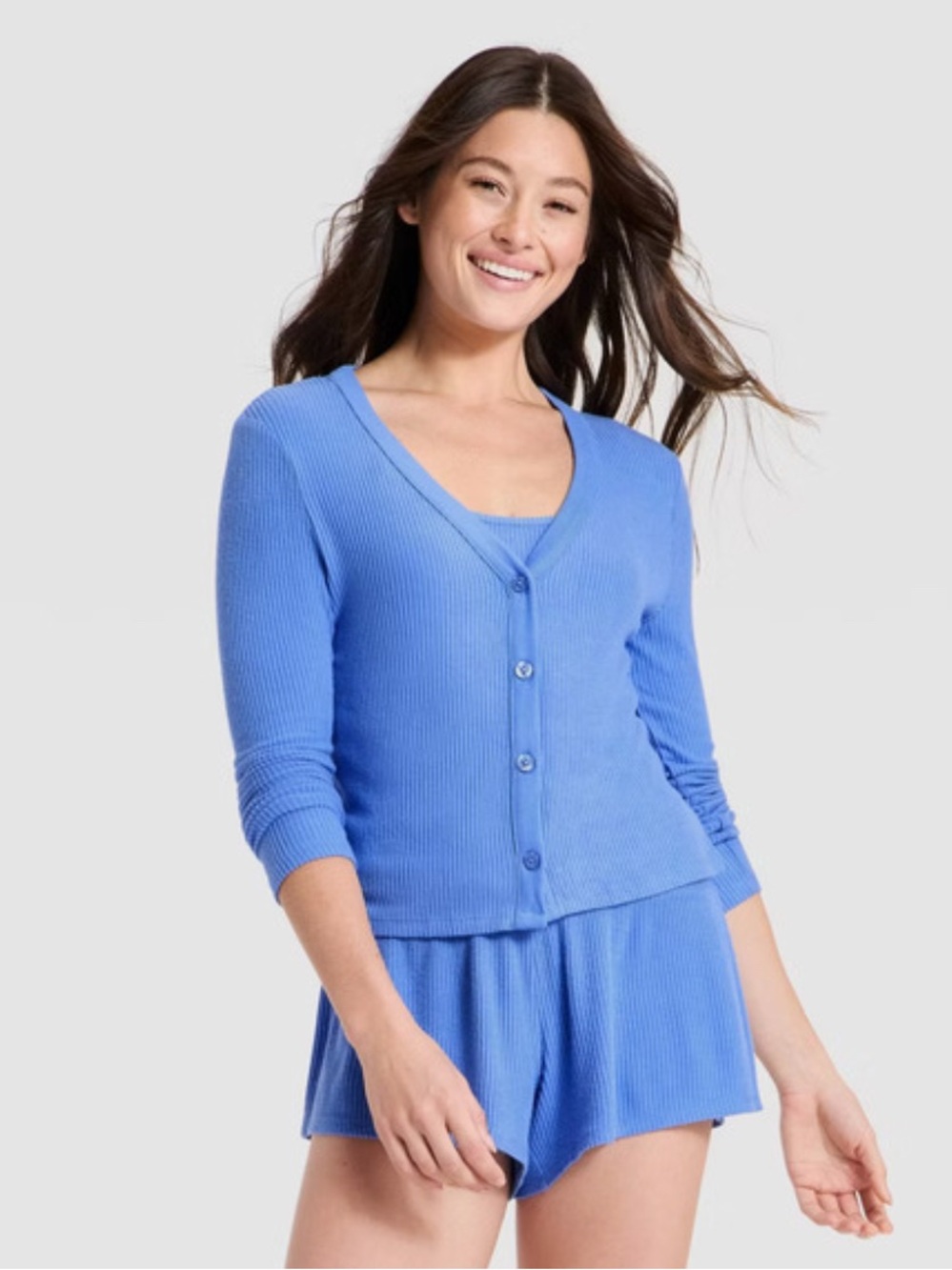 Auden Sky Blue Ribbed V-Neck Button Front Cardigan